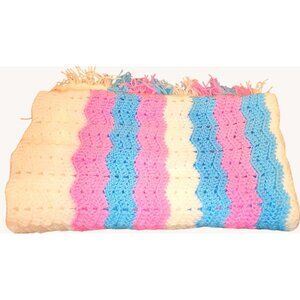 Handmade Crocheted Baby Blanket Fringe Multicolor Stripes Blue Pink White NEW